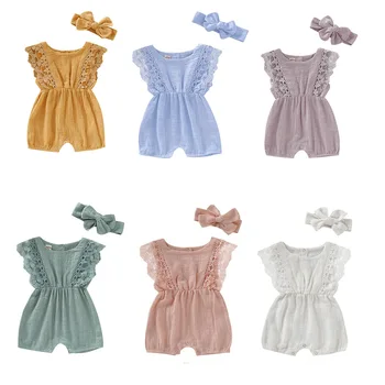 

2020 New Baby Girl Rompers Newborn Baby Clothes Toddler Flare Sleeve Solid Lace Design Romper Jumpsuit with Headband One Pieces