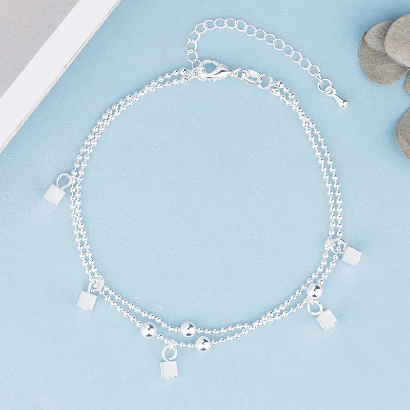 

New Style Silver-plated Anklet Goddess Small Squares Anklet String Beads Chain Silver Accessories shuang ceng lian Supply of Goo