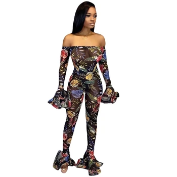 

Autumn Women Print Off Shoulder Flare Long Sleeve Bodysuit & Pants Suit Mesh Jumpsuit Sexy Night Party Romper