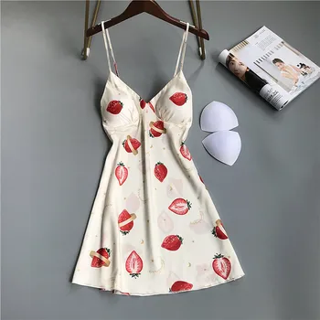 

FZSLCYIYI Printed Satin New Women Nightgown Sexy Sleepwear Sleeveless Pyjamas with Chest Pad Girl Short Nightdress