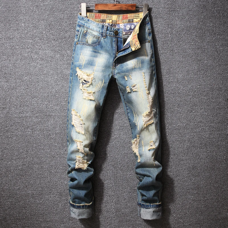 2021 Fall Personality Trend Brand Slim Straight Jeans Classic Hip Hop Style Ripped Hole Fashionable Young Men's Denim | Мужская