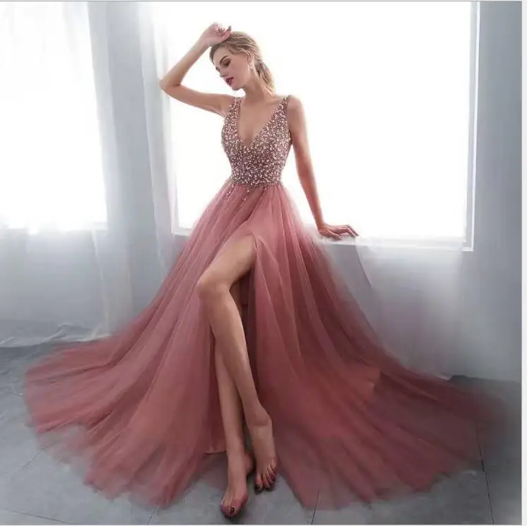 

women dress Sexy V-neck Elegant Natural Sequins Shiny Wedding Bridal gown Party Long dress summer Bridesmaid birthday floor l