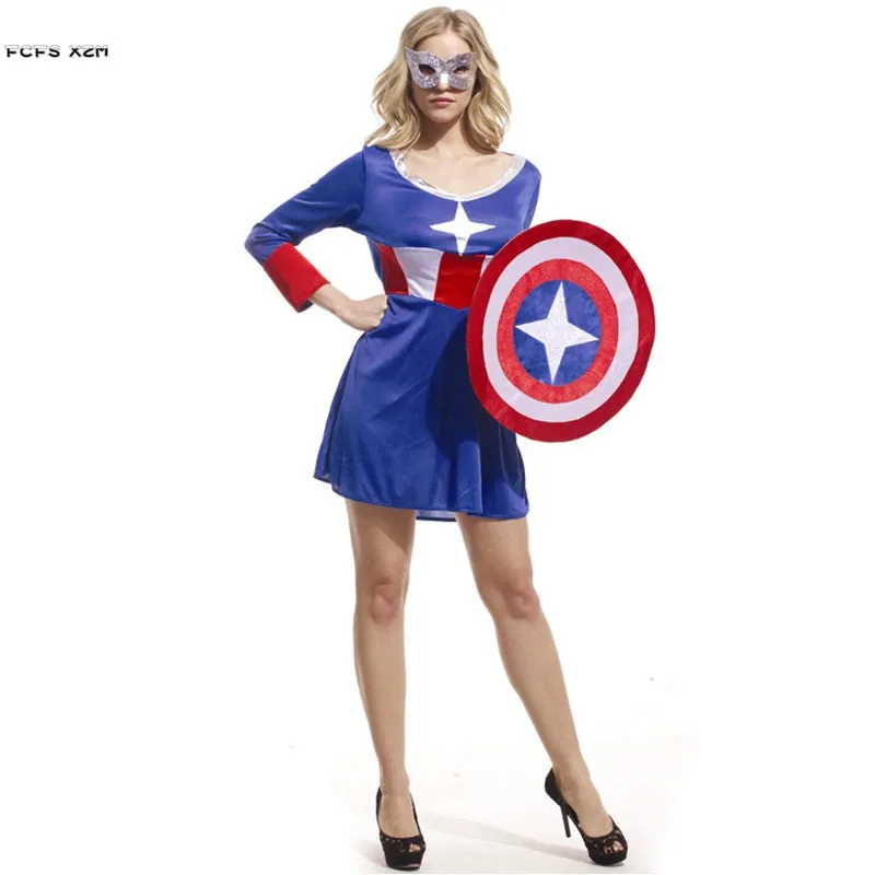 

Woman Captain America Cosplay Female Halloween Super hero Costume Carnival Purim parade Masquerade Nightclub Bar Role play dress