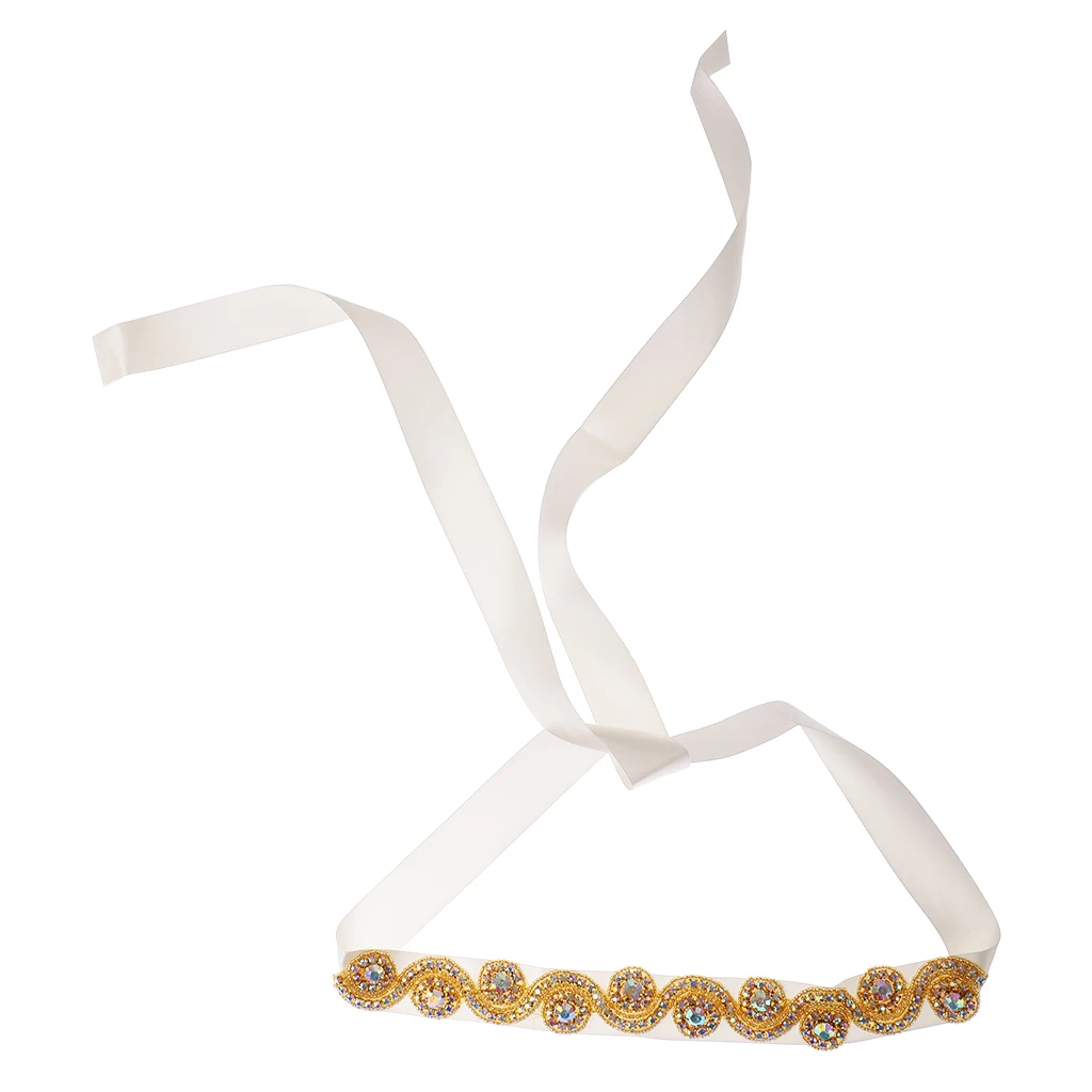 Vintage Style Gold Beads Rhinestone Ribbon Bridal Wedding Dress Belt Bridal Sash