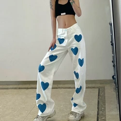 Calças de brim femininas outono moda amor impressão solto jeans casual botão de cintura alta denim calças de perna reta