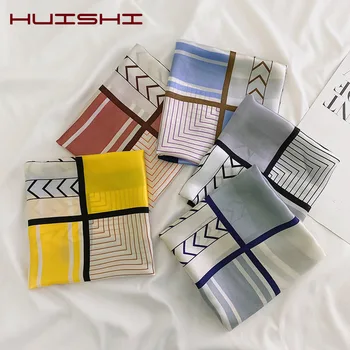 

HUISHI Plaid Scarf Woman Summer Beach Shopping Business Silk Scarf Stripe Print Shawls For Women Female Bandana 53cm Hot Sale