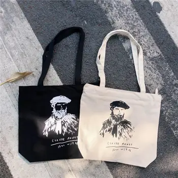 

Simple Canvas White Female Handbags Creative Portrait Printing Casual Shoulder Bags Fashion Durable Shopping Totes Bag