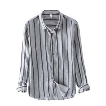 

Men Fashion Korea Style Long Sleeve Turn Down Collar Oversized Coton Linen Shirt Male High Quality Stripe Casual Shirts