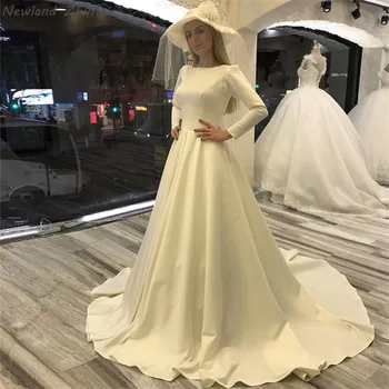 

Newland ZhiMei Vintage Princess Wedding Bride Dresses With Long Sleeves Simple A Line Bridal Gowns Chapel Train Vestido De Noiva