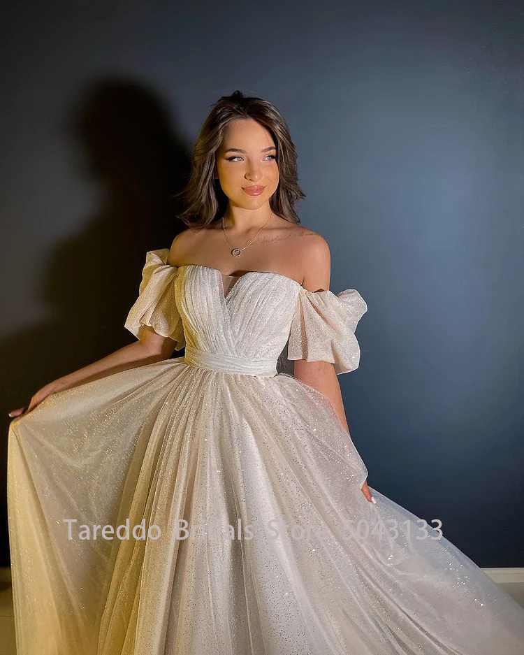 Wedding Dresses Two Pieces Shiny Glitter Puffy Sleeves Detachable Skirt Sweetheart A Line Backless