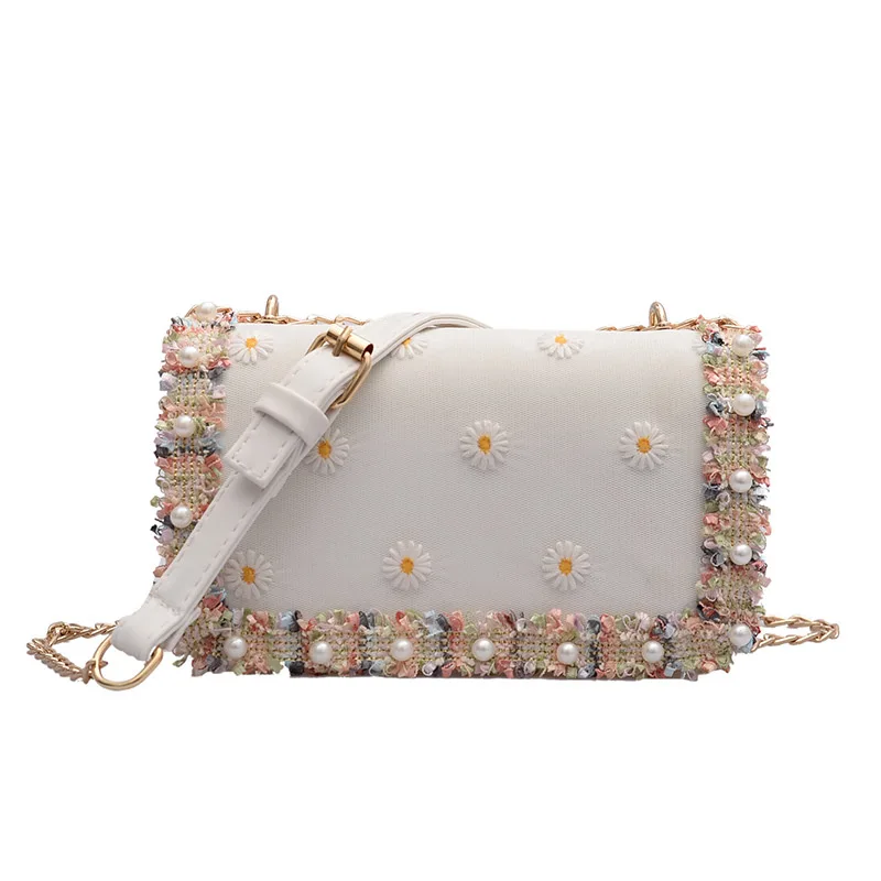 

Ladies Flower Embroidery Shoulder Bag Chain Shoulder Strap Pearl Decoration Messenger Bag Women Casual Square Crossbody Bag
