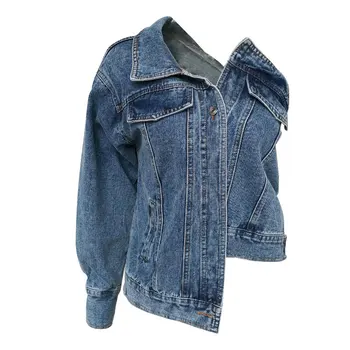 

Casual One Shoulder Denim Jacket For Women Lapel Long Sleeve Button Side Split Coat Female Fashion Summer 2020 2020