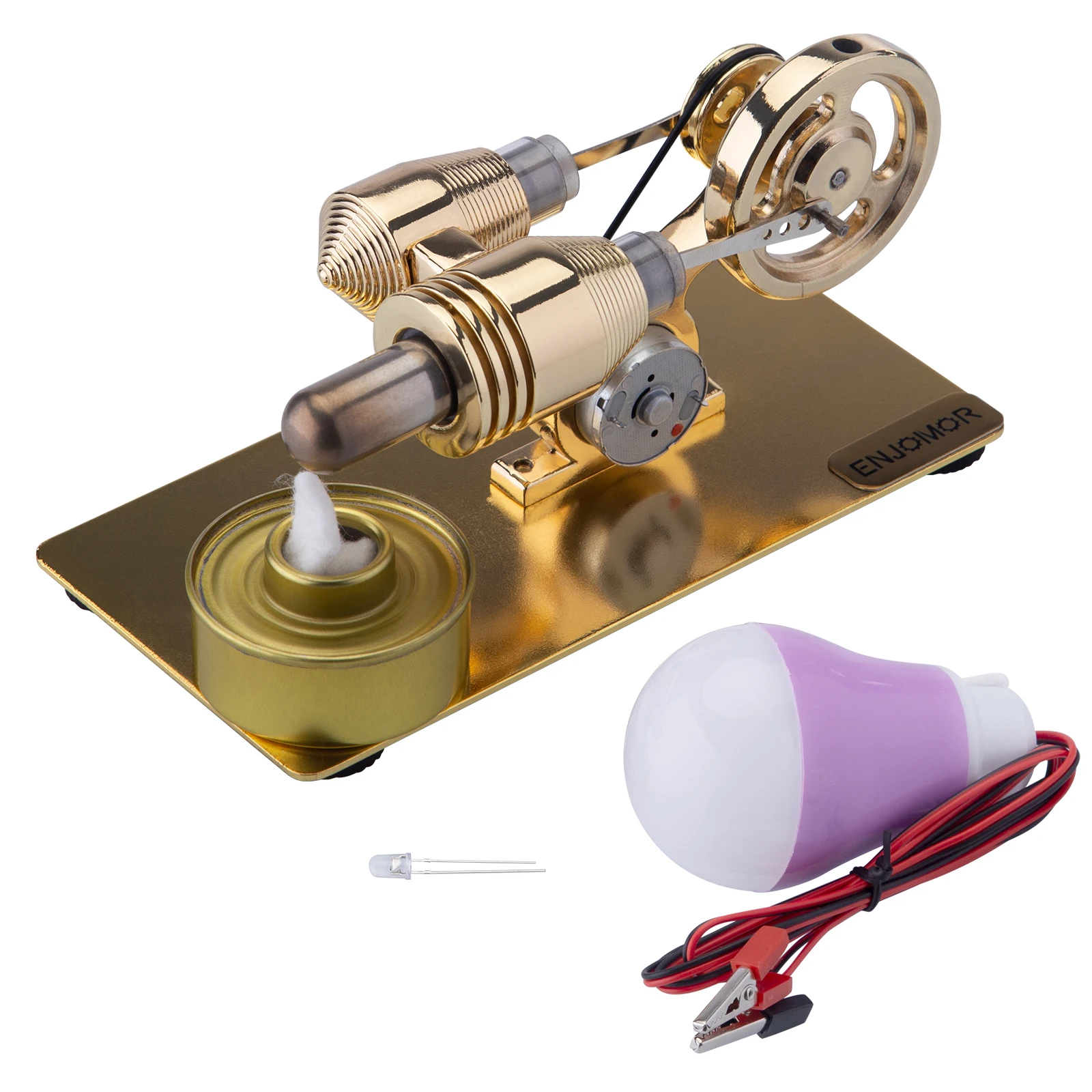 

ENJOMOR Golden Gamma Hot Air Stirling Engine External Combustion Engine Model Mini Electric Generator to Light LED Light Bulb