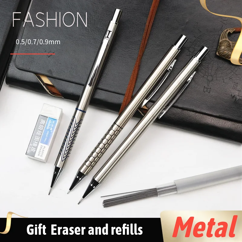 Lápiz de Metal mecánico 0,5, 0,7 de 0,9mm estudiantes de escritura dibujo diseño negro pluma 5 unids/set