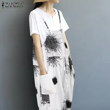 

ZANZEA 2020 Summer Cotton Long Women Printed Jumpsuits Suspender Overalls Wide Leg Pants Rompers Playsuits Combinaison Femme 5XL