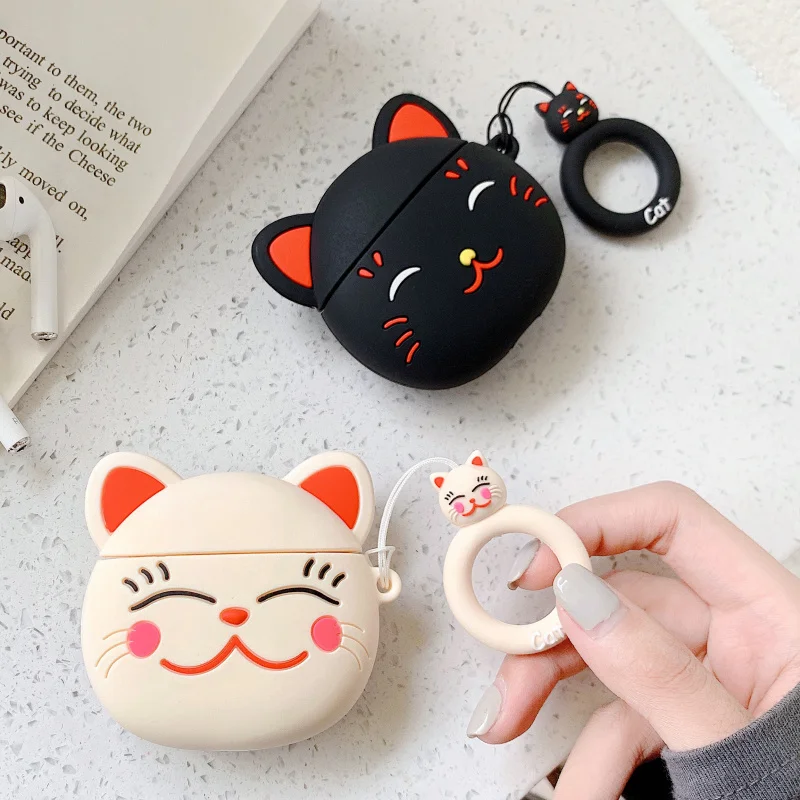 Мультяшные Милые 3D lucky cat для Apple беспроводные bluetooth-гарнитуры Чехлы для airpods 2 чехол силиконовый Ударопрочный Мягкий корпус кольцо пряжки короткий канат для airpods защитный чехол для зарядки коробки