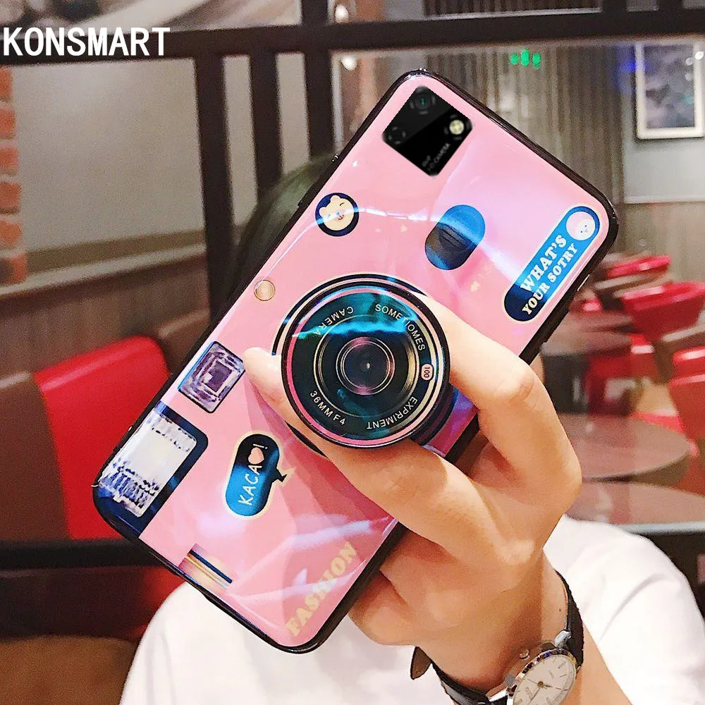 

KONSMART Retro Camera Phone Case For Huawei Honor 9S Cartoon Cute Blue Light Silicone Soft Back Cover Honor 9S With Holder