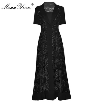 

MoaaYina Fashion Runway dress Summer Women's Dress Short sleeve Single-breasted Flowers Embroidery Long Dresses