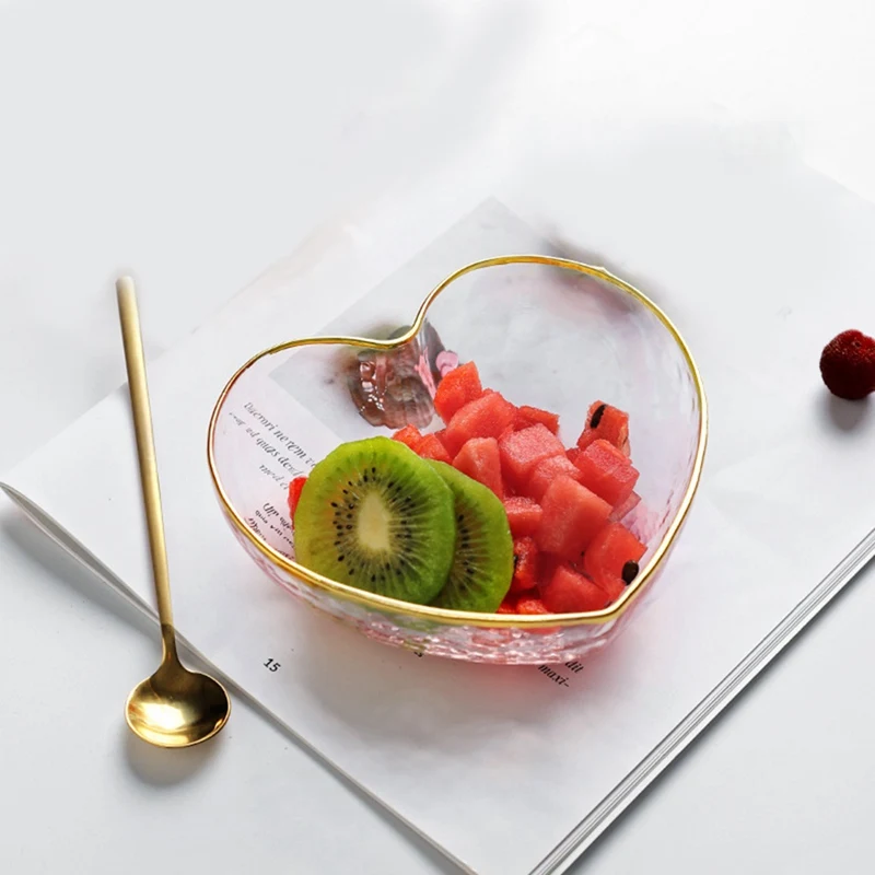 

Glass Plates Dish Gold Inlay Edge Food Serving Plate Fruit Dessert Cake Salad Tray Meal Pasta Heart Shaped Plate Petal bowl