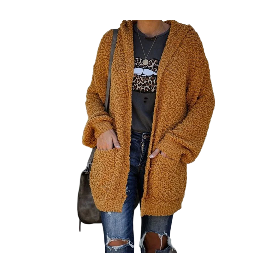 

Plush Hooded Jacket Women 2020 Autumn Winter Soft Faux Fur Overcoat Female Pocket Casual Teddy Warm Europe Long Coat