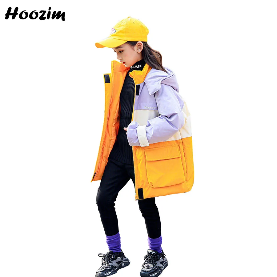

Winter Chic Colorblock Quilted Jacket Girls 4-13 Year Gorgeous Hooded Parka Children High Street Thick Long Outerwear Coat Girls