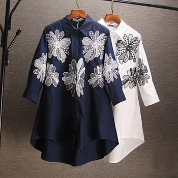 

high quality Cotton Floral Embroidery Shirt Women Plus size Blouses Blouse Femme Ete 2020 Loose Navy Blue Women Tops Blusa Mujer