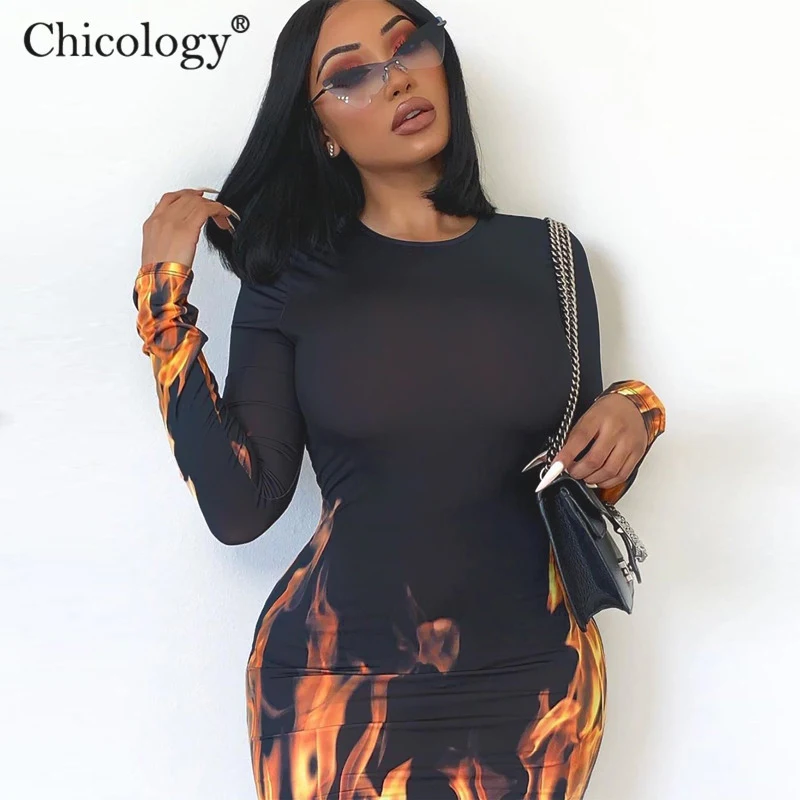 Chicology fire print sexy midi dress women long sleeve bodycon streetwear autumn winter party club lady casual clothes