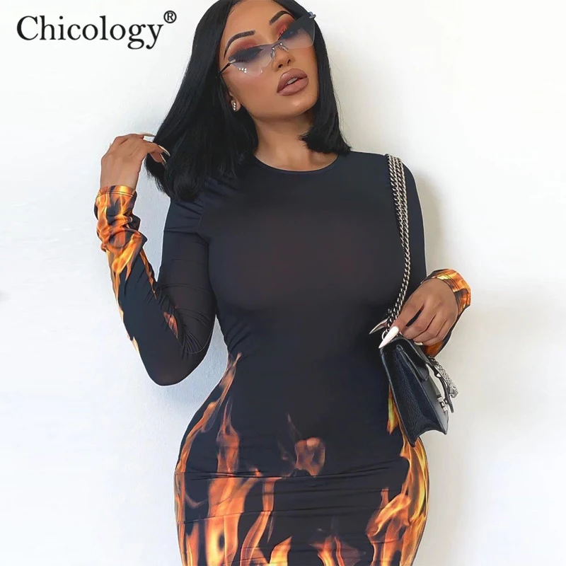 Chicology огонь печати сексуальное платье миди Женские Длинные рукава bodycon уличная 2019
