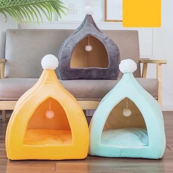 

Fashion Pet Cat Beds for Small Medium Pet Winter Warm Tent Kennel Bed Dogs Soft Bed with Bow Washable Cushion Dog Accessories