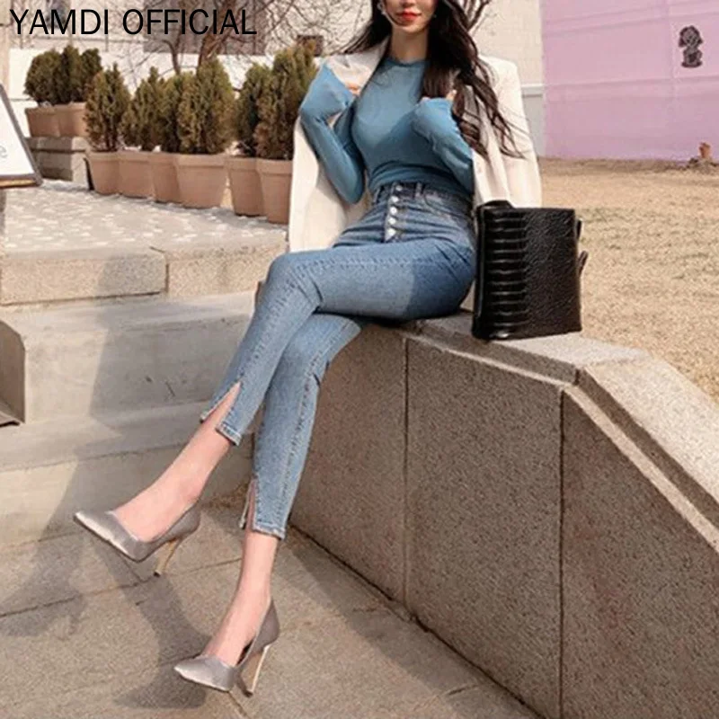 YAMDI Женские винтажные женские джинсы в Корейском стиле, повседневные однобортные брюки с высокой талией, осенне-зимние брюки Капри, уличная одежда с разрезом
