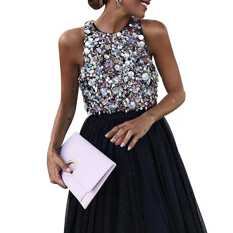 Сексуальные вечерние платья черного цвета для женщин, без рукавов, с блестками, лето, модные новые вечерние платья, женские S-XL