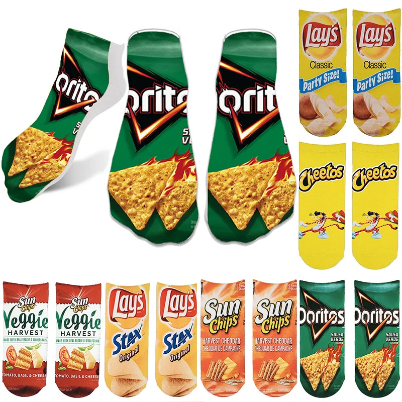 Модные женские носки унисекс с рисунком, мужские носки с 3D рисунком картофельных чипсов harajuku, носки для женщин и девочек, забавные хлопковые короткие носки, короткие носки