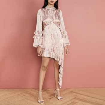 

AEL Floral Print Asymmetrical Women Dress Long Sleeve Stand Collar Ruffles Hollow Out Elegant Fashion Dress Spring 2020 New