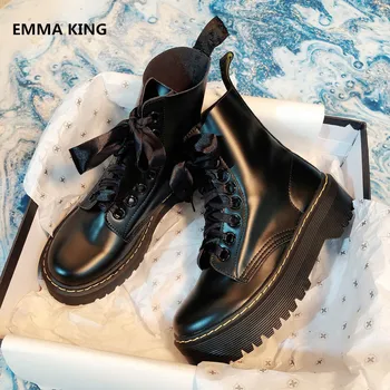 

Women Black Round Toe Lace-Up Martin Boots 2019 Winter Increase Flat Heels Platform Leather Boots British Female Ankle Booties