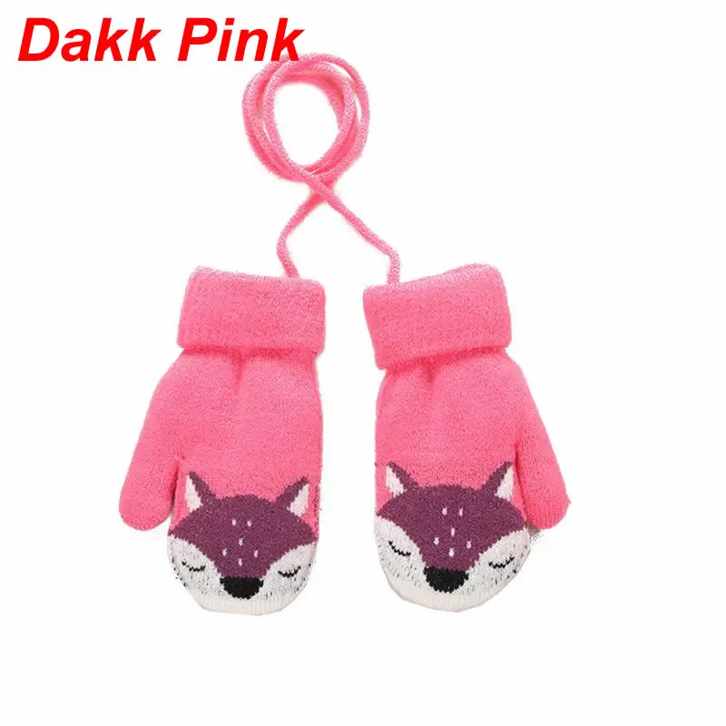 New Cute Cartoon Fox Baby Gloves Baby Winter Wool Plus Thick Full Rope Finger Mittens Boy Girl Warm Knitted Glove for Kids Boys - Цвет: Dark Pink