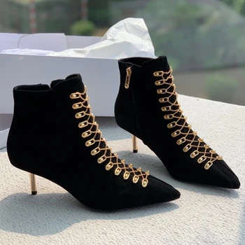 

High Quality Ladies Shoes Autumn Point Toe Boots With Chain Thin High Heels Women Ankle Shoes