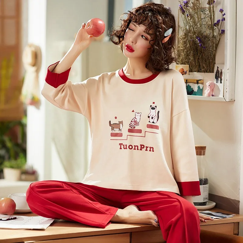 Осень Зима хлопок пижамы наборы для женщин с длинным рукавом милый мультфильм пижамы Домашняя одежда Pijama Mujer одежда - Цвет: 1967