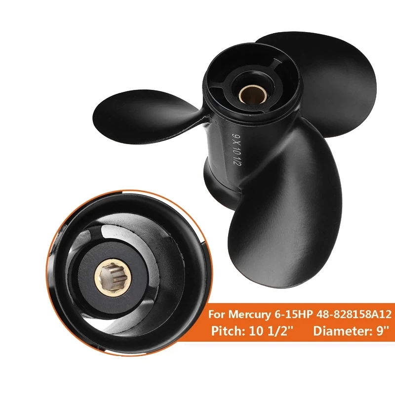알루미늄 보트 선외 프로펠러 9X10 1/2 8 스플라인 치아 3 블레이드 프로펠러, 수은 6 15HP 48 828158A12