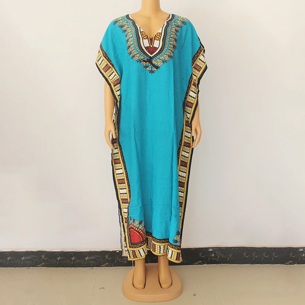 

Женское платье с коротким рукавом, голубое свободное платье в африканском стиле с принтом Дашики, с разрезом, 2021