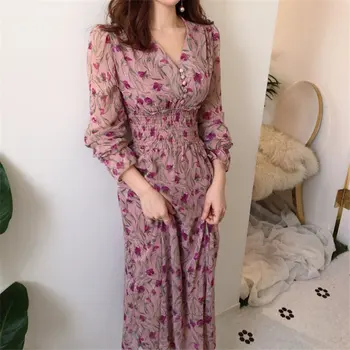 

HziriP Pink V-Neck Casual All Match Full Sleeves Florals 2020 OL Chic Loose Print Flowers Retro Sweet Plus Basic Long Dresses