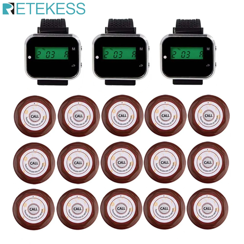 Retekess restaurante convidado pager sistema de chamada garçom sem fio para café 3 relógio pulso receptor + 15 botão chamada transmissor f3360
