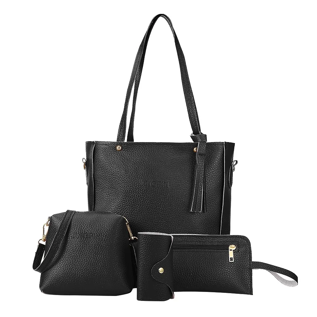 4 шт./компл. Женская сумочка в комплекте; Модный женский кошелек и сумки той же расцветки, 9 цветов набор из четырех кожаные сумки на плечо сумка Кошелек для монет с клапаном - Цвет: Black