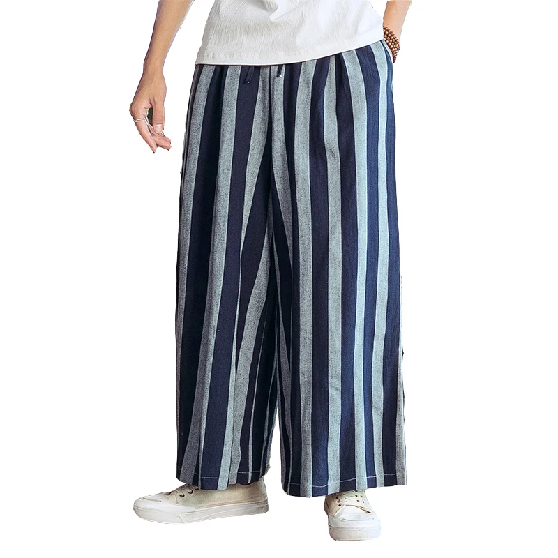 

Spring and summer mens casual pants Chinese style fashion wide leg pants striped linen breathable lightweight high quality pants