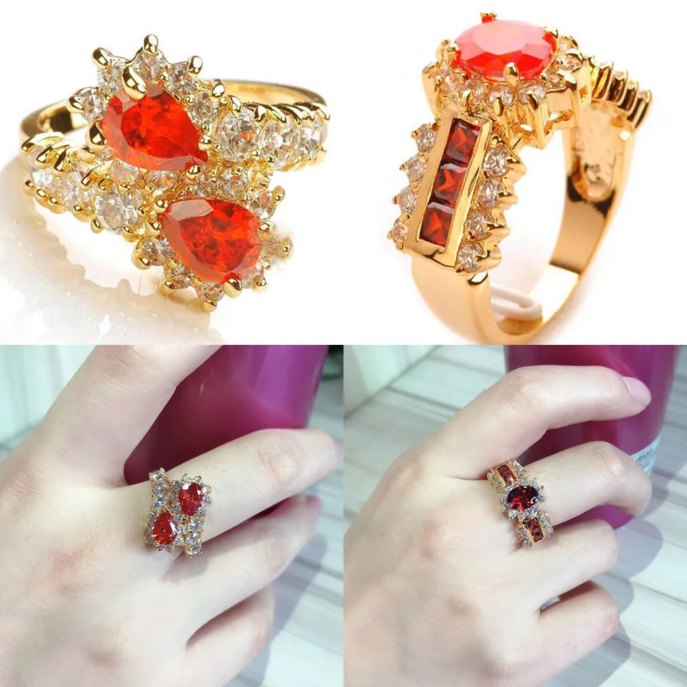 

Yellow Gold Filled Bridal Wedding ring Red Cubic Zirconia CZ Rhinestone Bithstone Claw Female Engagement Rings For Women Jewelry