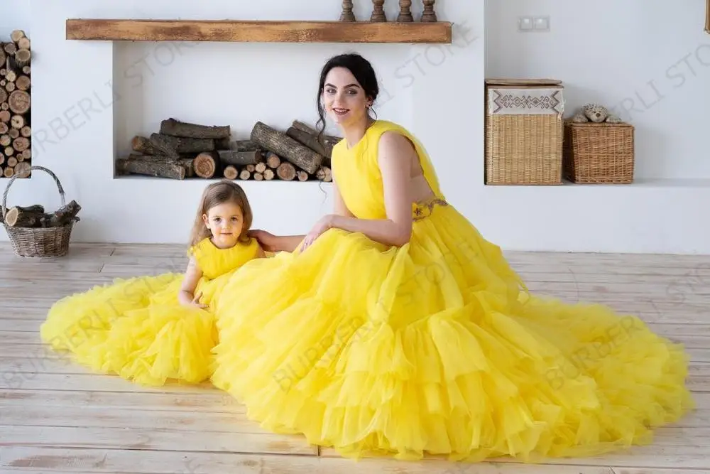 Mother & Kid Yellow Tulle Puffy Dress Ruffled