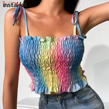 

InstaHot stretch women crop top camis tie dye sexy slim ruffle hem tank tops summer streetwear elegant camisole 2020 vintage top