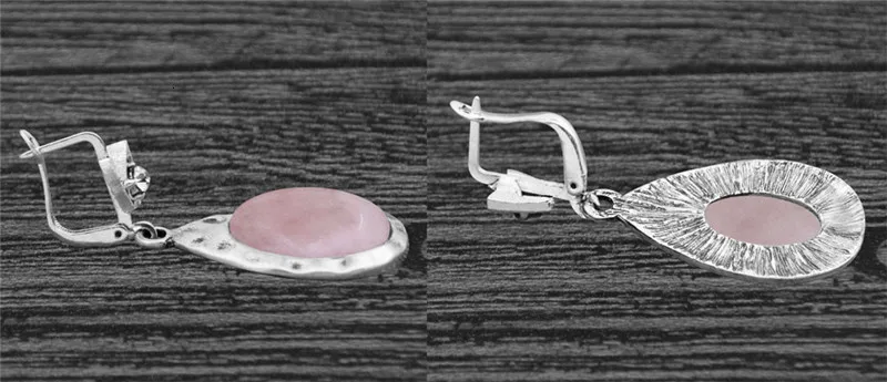 Винтаж Овальный розовый кварц ожерелье серьги Ювелирные наборы для женщин античный посеребренный капли воды Модный комплект