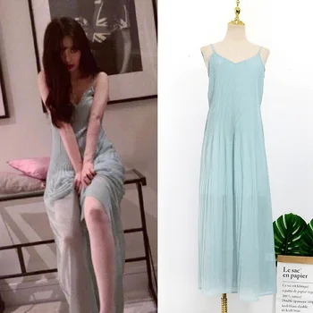 

kpop 4Minute Kim Hyun A same V-neck Sling Summer slim Dresses Sleeveless women Streetwear new Party Sexy perspective long Dress