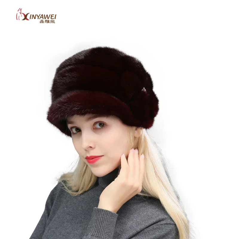 XINYAWEI, модная новинка, хит, шапка из натурального меха, женская зимняя меховая шапка, норковая шапка из русского меха, женская шапка с утиным язычком, шапка - Цвет: Wine red
