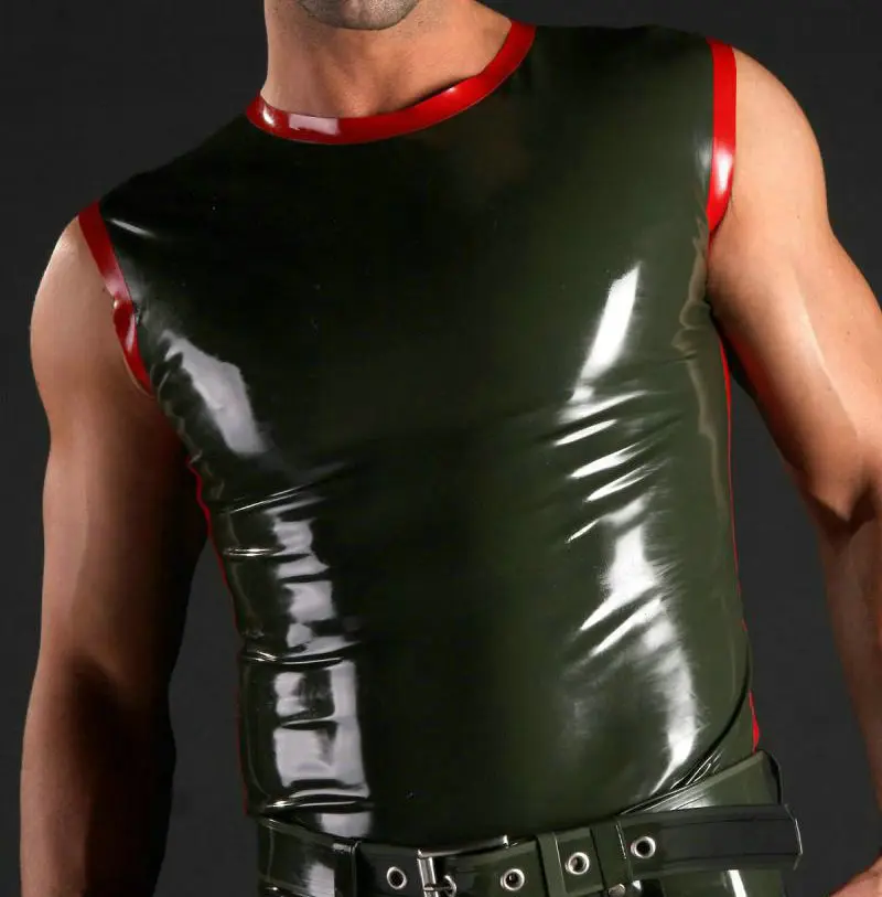 

Мужской латексный жилет армейского зеленого цвета, рубашка, костюм без рукавов, мужские топы, резиновая одежда, костюм для влажного образа, ручная работа 100%